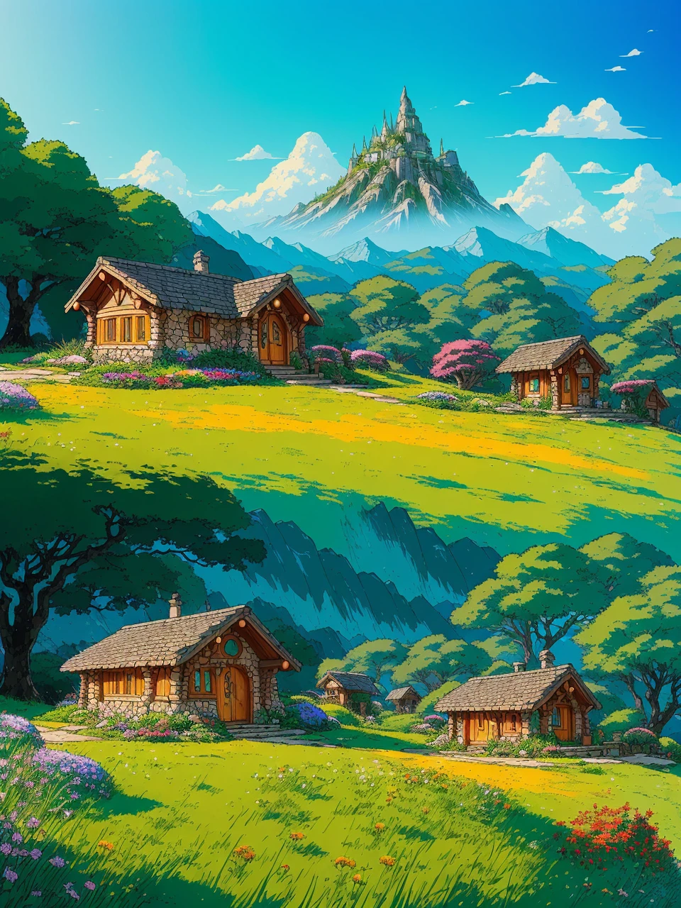 Realistic, real life, beautiful hobbit house on the hill, style of laurie greasley, studio ghibli, akira toriyama, james gilleard, genshin impact, trending pixiv fanbox, acrylic palette knife, 4k, vibrant colors, devinart, trending on artstation