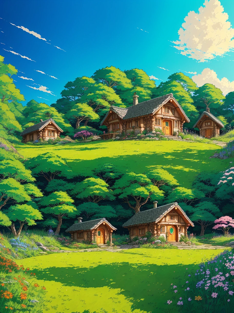 Realistic, real life, beautiful hobbit house on the hill, style of laurie greasley, studio ghibli, akira toriyama, james gilleard, genshin impact, trending pixiv fanbox, acrylic palette knife, 4k, vibrant colors, devinart, trending on artstation