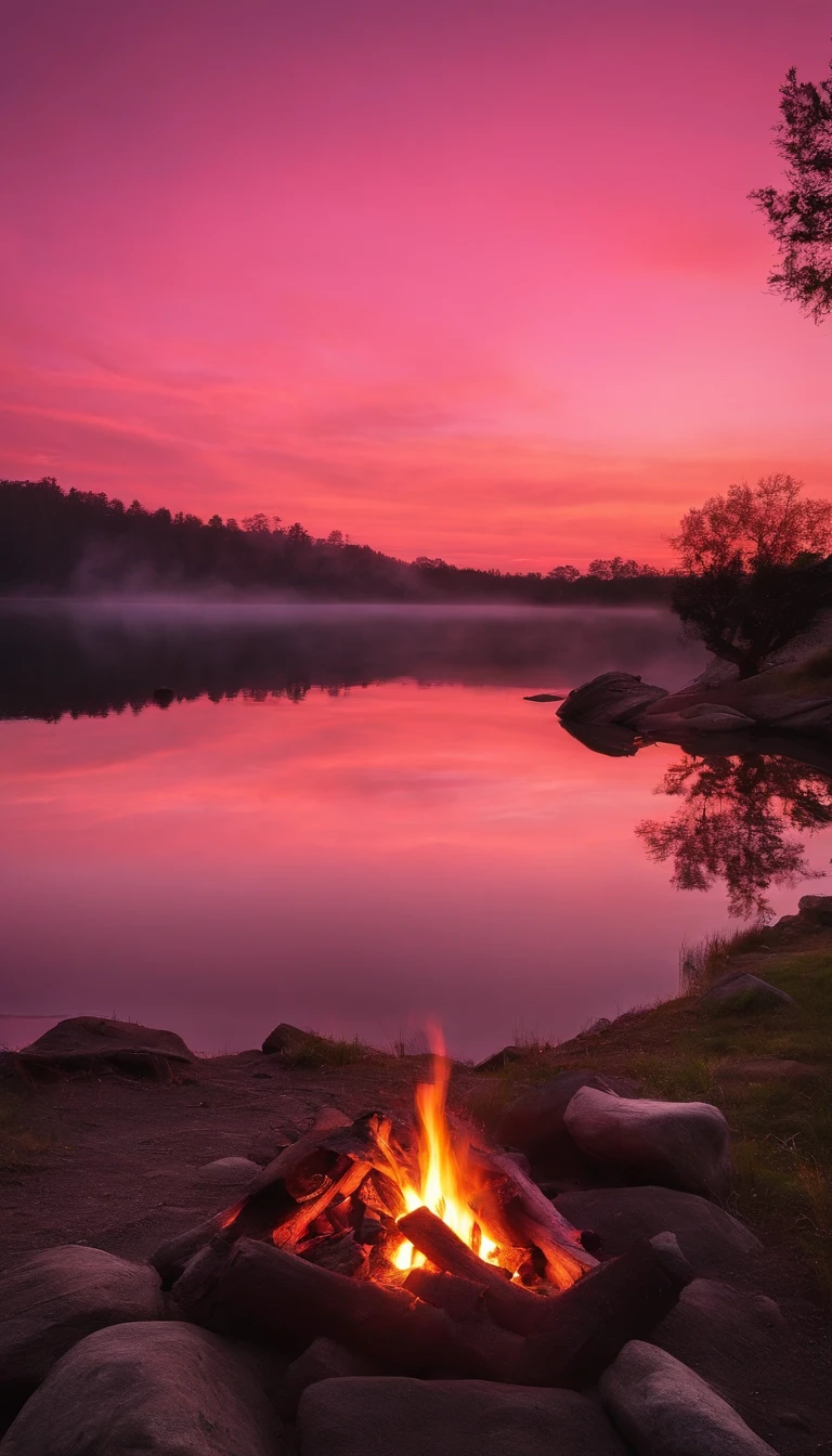 "A campfire burning under a baby pink dawn sky. The flames are bright and intense, casting a warm glow around. The serene morning scene is bathed in the baby pink hues of the sunrise