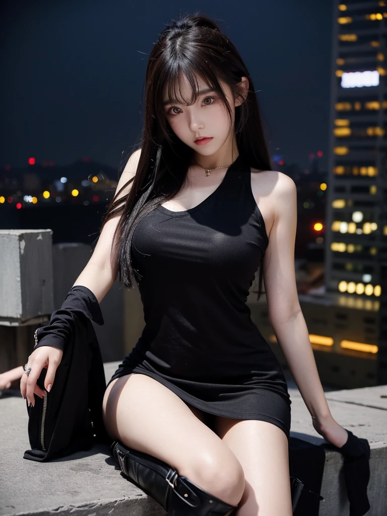 Beautiful woman wearing a dark Wearing swag style clothes mini dress with decorations on the shirt and visible shoulders and wearing boots and being photographed with a background And he was on top of a collapsed building ,Korean style swag, beautiful face so gorgeous, Beautiful eyes, y2k style, 