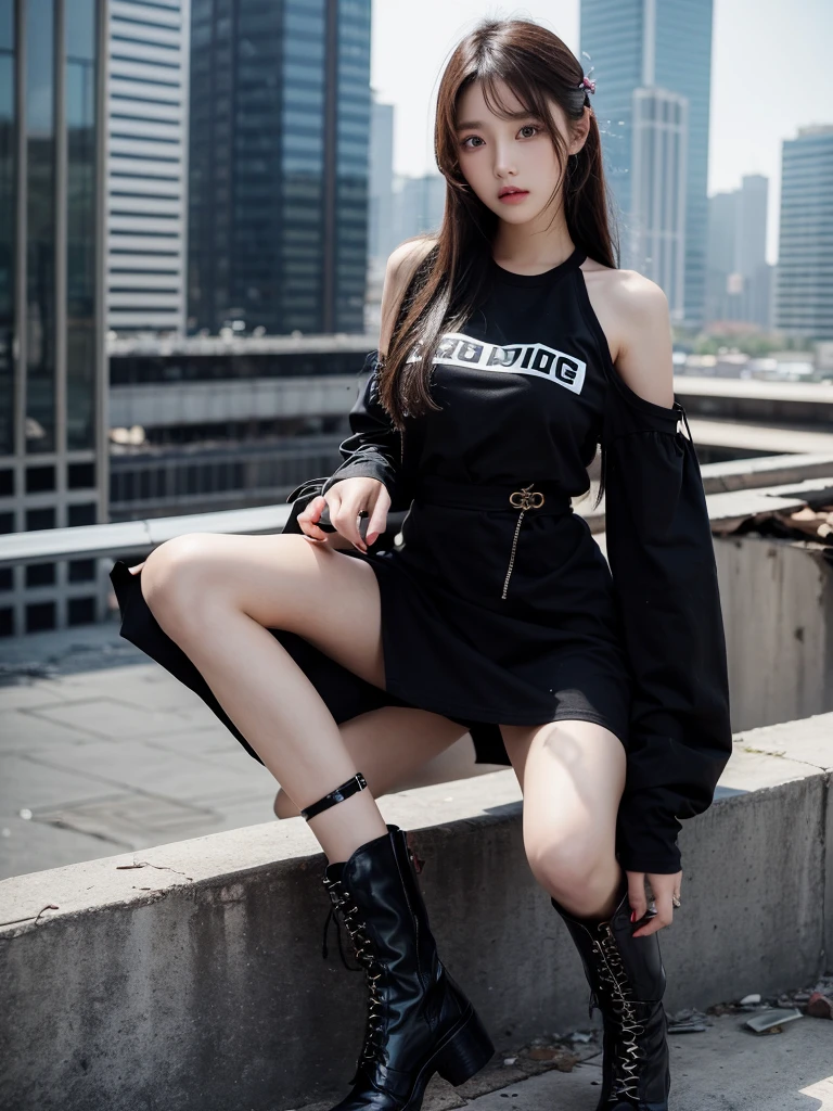 Beautiful woman wearing a dark Wearing swag style clothes mini dress with decorations on the shirt and visible shoulders and wearing boots and being photographed with a background And he was on top of a collapsed building ,Korean style swag, beautiful face so gorgeous, Beautiful eyes, y2k style, 