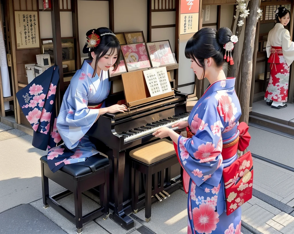 There are many people wearing kimonos standing around the piano., old Japan Streets market, Inspired by Kyoto, On the streets of Tokyo, wear Kimono, Japan Streets, In the city of Tokyo, Japanese Street, Kyoto Japan Setting, edo japan, Traditional geisha costume, Japanese Market, Traditional Japanese, Filmed in 2020, Wearing a colorful yukata