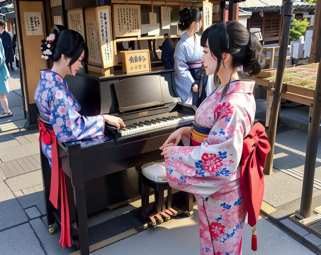 There are many people wearing kimonos standing around the piano., old Japan Streets market, Inspired by Kyoto, On the streets of Tokyo, wear Kimono, Japan Streets, In the city of Tokyo, Japanese Street, Kyoto Japan Setting, edo japan, Traditional geisha costume, Japanese Market, Traditional Japanese, Filmed in 2020, Wearing a colorful yukata