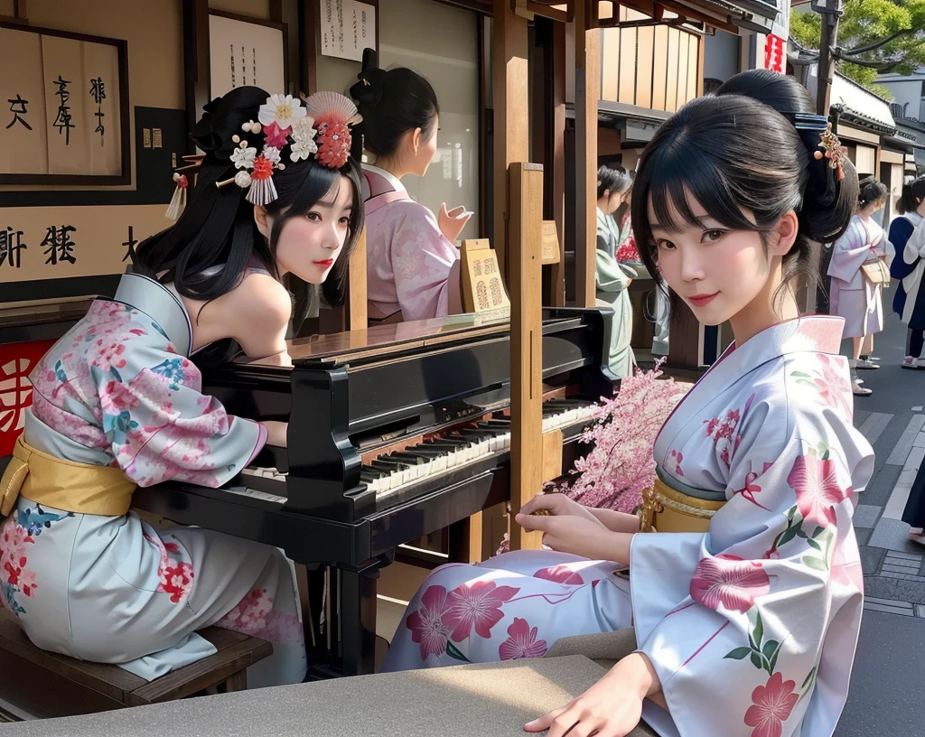 There are many people wearing kimonos standing around the piano., old Japan Streets market, Inspired by Kyoto, On the streets of Tokyo, wear Kimono, Japan Streets, In the city of Tokyo, Japanese Street, Kyoto Japan Setting, edo japan, Traditional geisha costume, Japanese Market, Traditional Japanese, Filmed in 2020, Wearing a colorful yukata