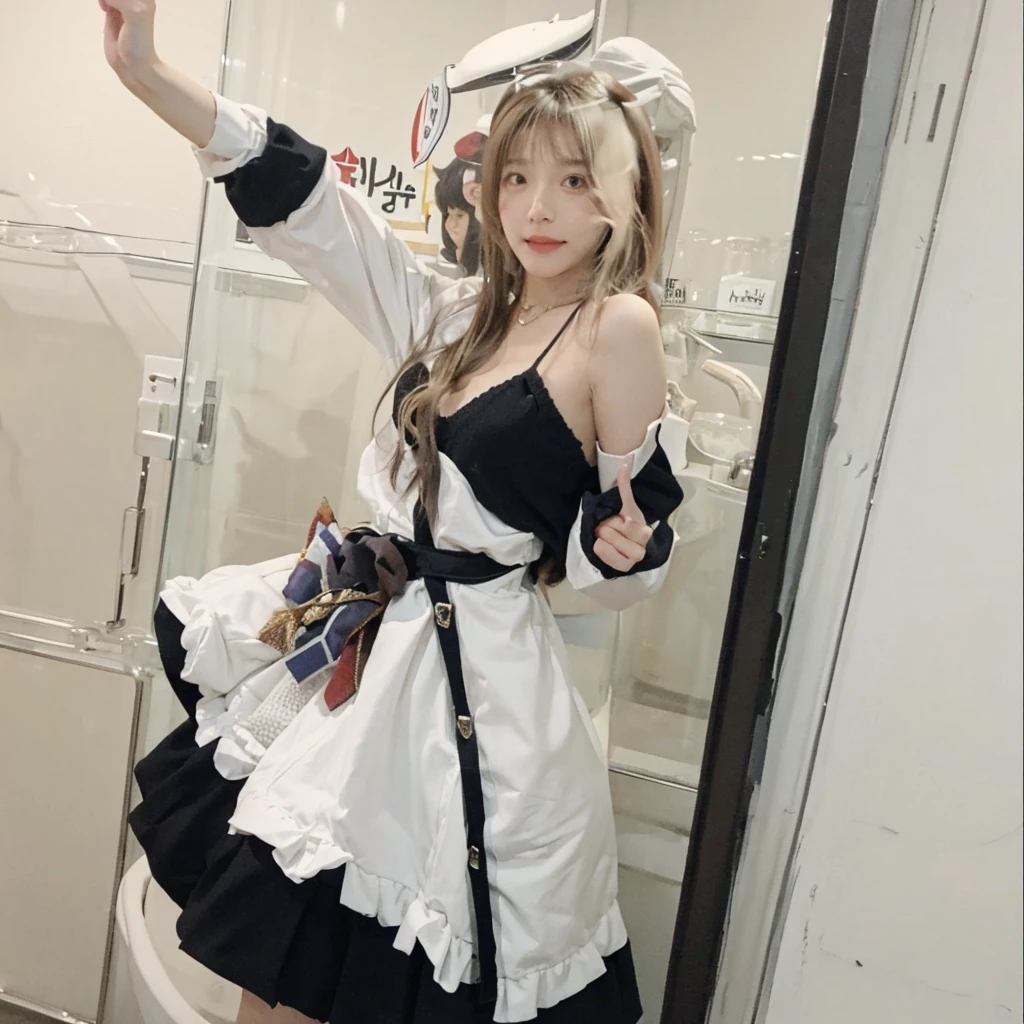 best qualtiy, Ultra-high resolution, (realisticlying:1.4),cute hairpin,Baoyu Girl,1girll, Beautiful woman with a slim figure:1.4, abs:1.1, (A brown-haired, mideum breasts:1.3), Long pink sweater:1.1, bathroom,Ultra-fine face,Elaborate Eyes,double eyelid,ssmile,choker necklace