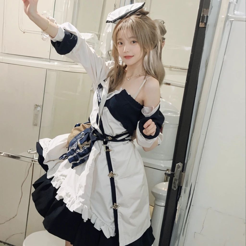 best qualtiy, Ultra-high resolution, (realisticlying:1.4),cute hairpin,Baoyu Girl,1girll, Beautiful woman with a slim figure:1.4, abs:1.1, (A brown-haired, mideum breasts:1.3), Long pink sweater:1.1, bathroom,Ultra-fine face,Elaborate Eyes,double eyelid,ssmile,choker necklace