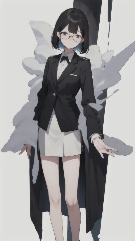 Tall、Black Hair、Short, trimmed hair。He wears glasses.、Always has a calm expression。Wearing a blazer uniform、woman、(White background.Full Color.The eyes are clear、Are standing。18 years old、