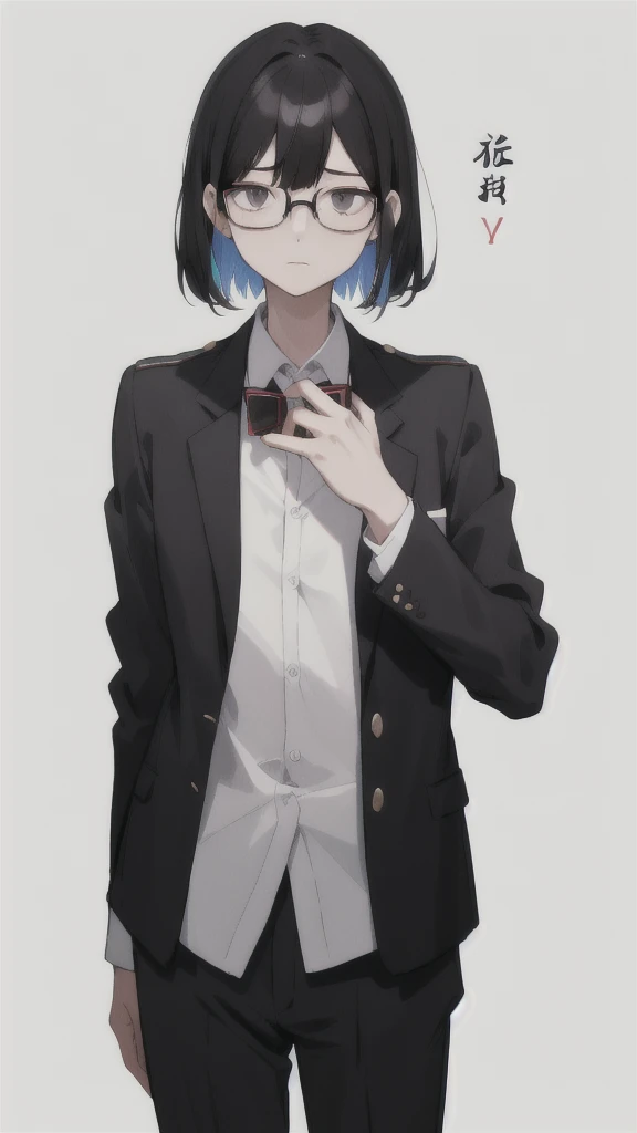 Tall、Black Hair、Short, trimmed hair。He wears glasses.、Always has a calm expression。Wearing a blazer uniform、woman、(White background.Full Color.The eyes are clear、Are standing。18 years old、