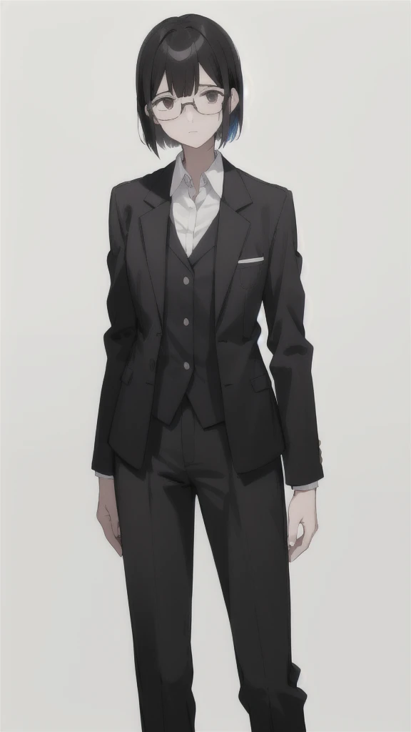 Tall、Black Hair、Short, trimmed hair。He wears glasses.、Always has a calm expression。Wearing a blazer uniform、woman、(White background.Full Color.The eyes are clear、Are standing。18 years old、