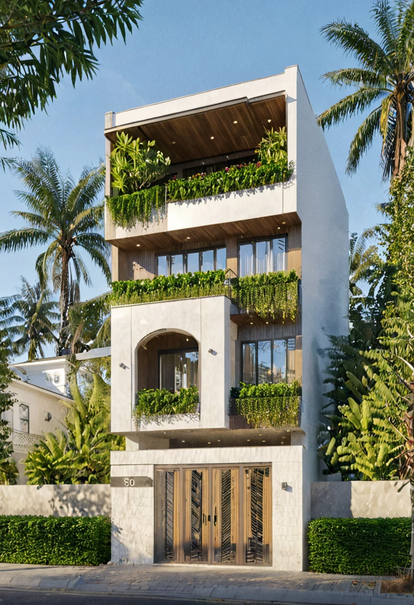 A luxurious and intricately detailed three-story neo-classical villa exterior scene, showcasing opulence. The art form chosen for this depiction is photography, captured with a 50mm lens. The esteemed photographer Ansel Adams serves as the source of inspiration. The villa stands amidst lush gardens, its ornate architecture emphasized by the play of shadows and sunlight. The color temperature is warm, enhancing the golden accents of the villa's design. The atmosphere exudes elegance, while the subjects exhibit serene expressions. Soft, natural lighting envelops the scene, creating a timeless ambiance