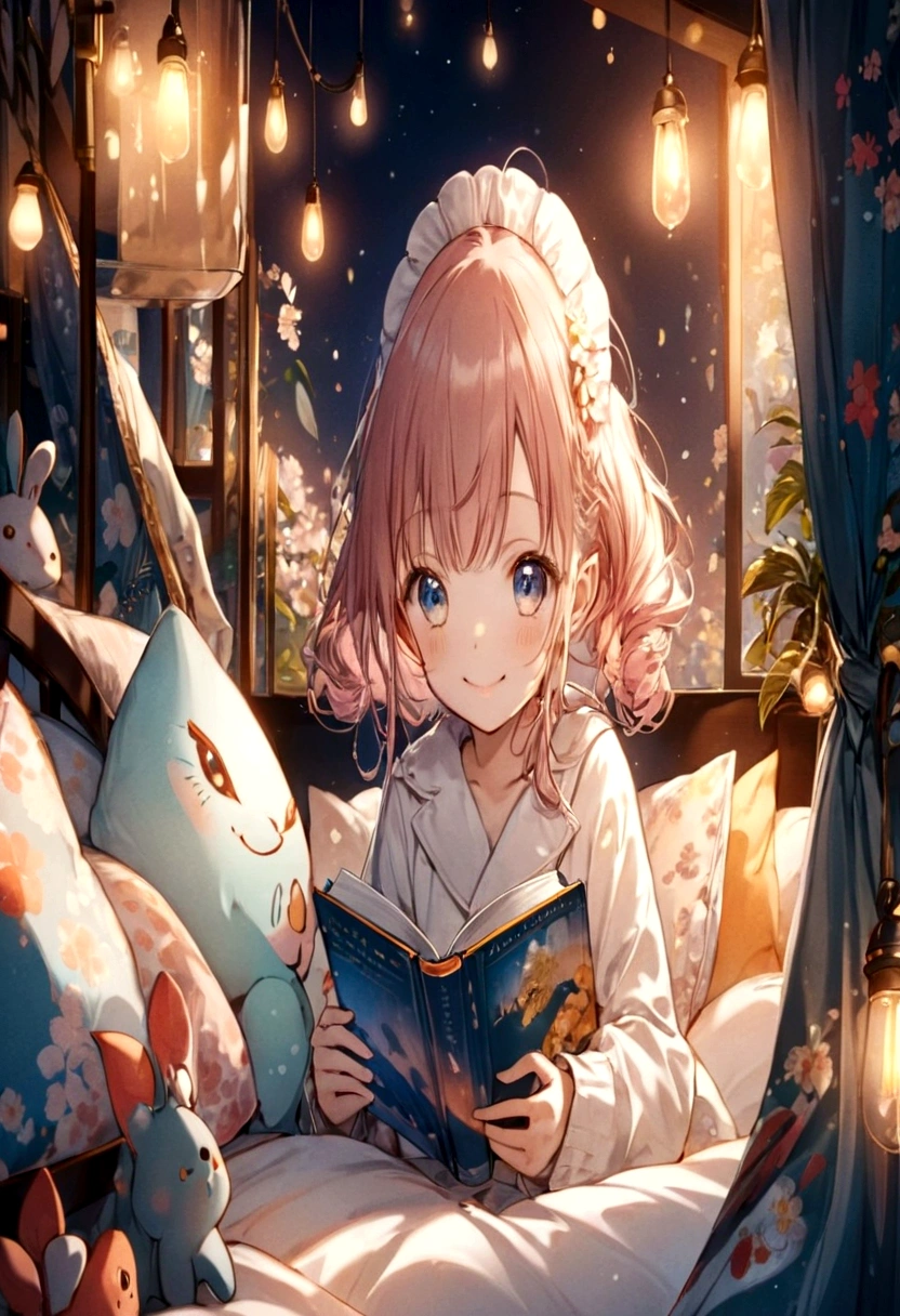 anime smiling girl reading a book in bed with lights on, anime style 4 k, 4 k manga wallpaper, anime art wallpaper 4 k, anime art wallpaper 4k, anime art wallpaper 8 k, anime wallpaper 4k, anime wallpaper 4 k, 4k anime wallpaper, young anime girl, cute anime smiling girl, anime visual of a cute smiling girl, splash art anime ****