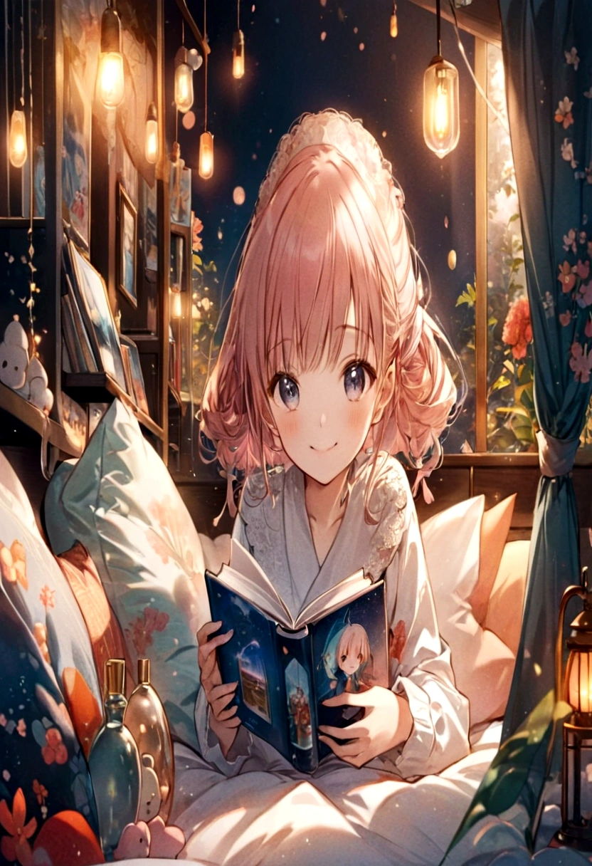 anime smiling girl reading a book in bed with lights on, anime style 4 k, 4 k manga wallpaper, anime art wallpaper 4 k, anime art wallpaper 4k, anime art wallpaper 8 k, anime wallpaper 4k, anime wallpaper 4 k, 4k anime wallpaper, young anime girl, cute anime smiling girl, anime visual of a cute smiling girl, splash art anime loli