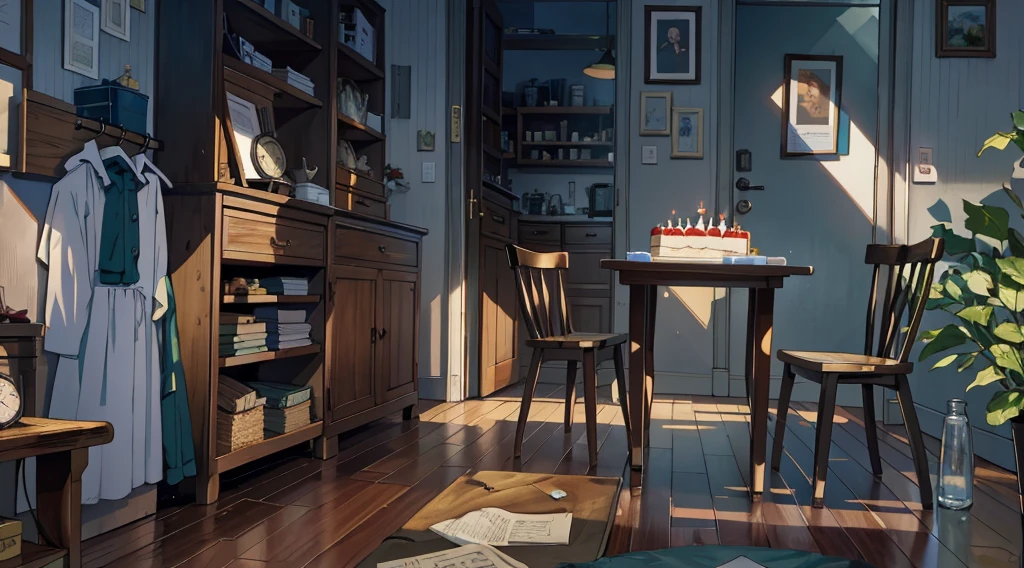 (best quality,masterpiece:1.2,detailed details,4k),A dim old apartment, a small birthday cake on an old wooden table, a modern apartment, an alarm clock on the wall, an anime scene,the wooden floor,