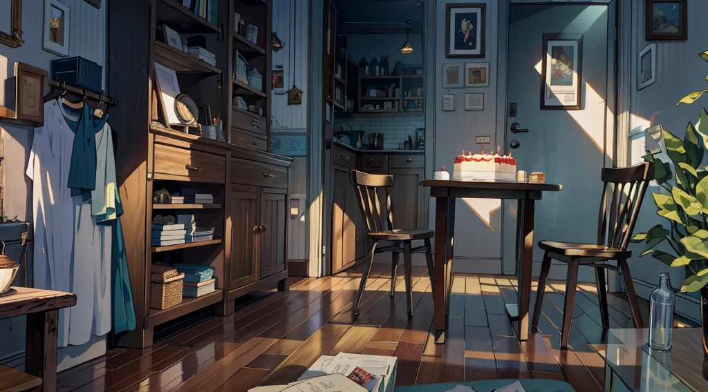 (best quality,masterpiece:1.2,detailed details,4k),A dim old apartment, a small birthday cake on an old wooden table, a modern apartment, an alarm clock on the wall, an anime scene,the wooden floor,