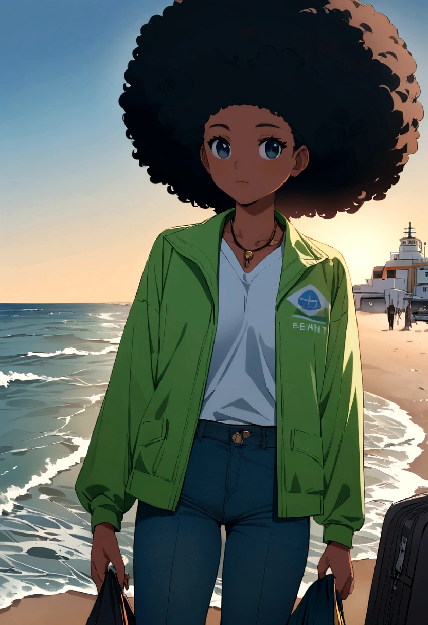 Générer une affiche publicitaire sur le secteur du transport maritime, les couleurs d'affiche publicitaire son vert, in the foreground a afro américan woman on a beach dressed in a jacket and feet and pants representing a logistics company, une image réaliste un porte-conteneurs naviguant en mer, sky with dark blue tone

