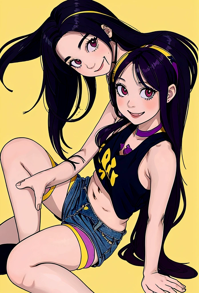 anime girl sitting on ground, 1girl, solo, gyaru, shape eyes, visible small breast, dark-skinned, long hair, straight hair, dark purple hair, short jean, Cross Halter Crop Top,  smile face, sleeveless, sitting, yandere, simple yellow background