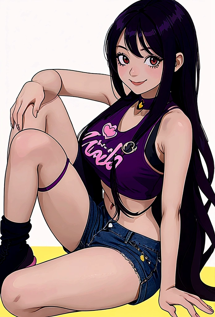 anime girl sitting on ground, 1girl, solo, gyaru, shape eyes, visible small breast, dark-skinned, long hair, straight hair, dark purple hair, short jean, Cross Halter Crop Top,  smile face, sleeveless, sitting, yandere, simple yellow background