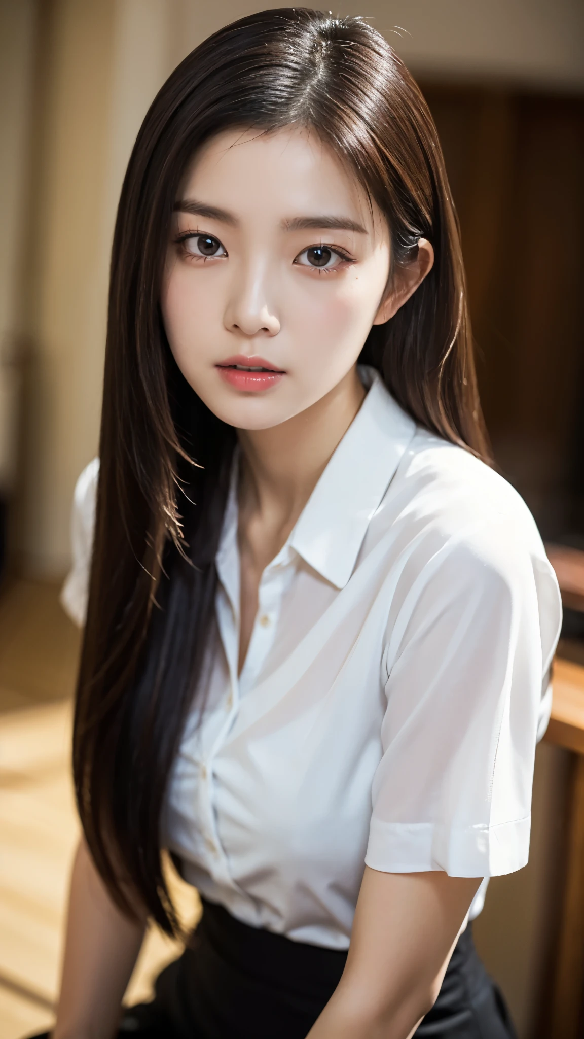 (masterpiece:1.2),(Highest quality:1.2),(Very detailed:1.3),(High resolution:1.2),(Photorealistic Stick),(RAW Photos),8K,Shooting indoors,Cinema Lighting,a close up of a woman with a white shirt on posing for a picture,Soft portrait shots,Beautiful Japanese Women,Gorgeous face portrait,Eye light,Sharp pupils,Very beautiful face,Beautiful portrait,A lovely and delicate face,Beautiful young Japanese woman,Random hairstyle,Look this way,(Depth of written boundary),(Cinema Lighting),(front),((From above)),(POV shot)