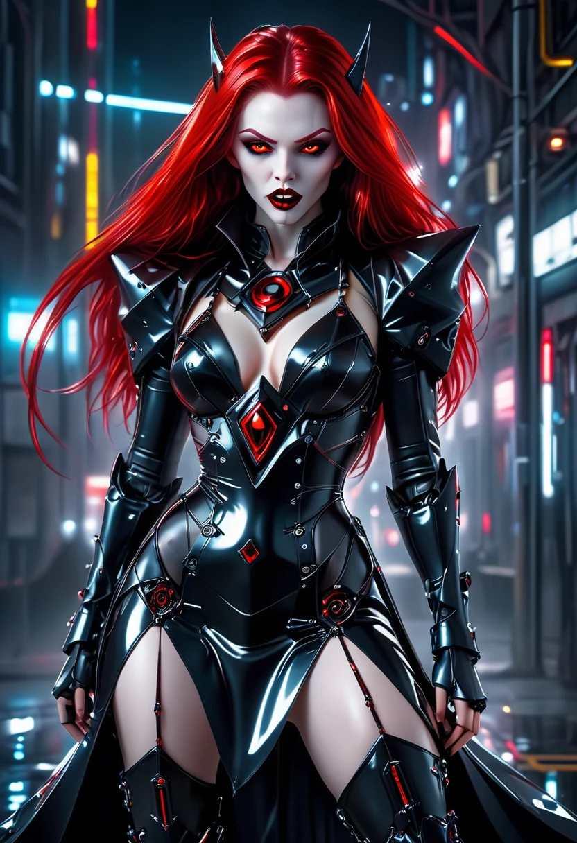 ((a photorealistic glamour shot of an exquisite, glamour mecha female vampire: 1.5)), ((full body: 1.3)), ultra feminine, pale face, red hair, long vibrant shiny hair, glamorous hair,  red eyes, miniatures mechanical , deep penetrating eyes, red lips, lustful lips, ((two visible vampiric fangs: 1.5), drops of blood dripping from the mouth, ((cyberpunk style: 1.5)), she wears (black elegant liquid, glamour dress, with small delicate mechanical parts: 1.4), digital parts,  intricate details, the dress is studded with diamonds, tight suit, dynamic color, high heels, cyberpunk street at night background, (highest quality:1.2, Very detailed, up to date, Vibrant, Ultra-high resolution, High Contrast, masterpiece:1.2, highest quality, Best aesthetics), best details, best quality, highres, ultra wide angle, 16k, [ultra detailed], masterpiece, best quality, (extremely detailed), Genetically modified..., Cinematic Hollywood Film, nijimecha, liquid dress