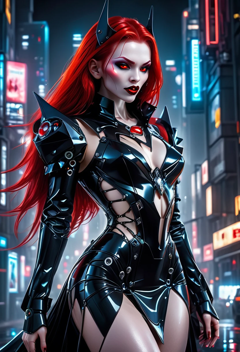 ((a photorealistic glamour shot of an exquisite, glamour mecha female vampire: 1.5)), ((full body: 1.3)), ultra feminine, pale face, red hair, long vibrant shiny hair, glamorous hair,  red eyes, miniatures mechanical , deep penetrating eyes, red lips, lustful lips, ((two visible vampiric fangs: 1.5), drops of blood dripping from the mouth, ((cyberpunk style: 1.5)), she wears (black elegant liquid, glamour dress, with small delicate mechanical parts: 1.4), digital parts,  intricate details, the dress is studded with diamonds, tight suit, dynamic color, high heels, cyberpunk street at night background, (highest quality:1.2, Very detailed, up to date, Vibrant, Ultra-high resolution, High Contrast, masterpiece:1.2, highest quality, Best aesthetics), best details, best quality, highres, ultra wide angle, 16k, [ultra detailed], masterpiece, best quality, (extremely detailed), Genetically modified..., Cinematic Hollywood Film, nijimecha, liquid dress