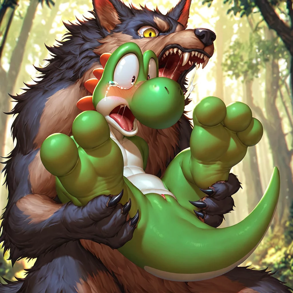 (feral male green Yoshi ), (male werewolf) score_9, score_8_up, dream prompt:score_9, beautiful, detailed cute face, blushing, shocked expression, reverse suspended congress, looking surprised, crying, forest, feet in view, foot shot, crying, green feet, ((3 toes)), ((screaming)), foot focus, huge feet, vaginal, sex, saliva, hyper feet, spreading legs, arms behind back, grabbing butt,