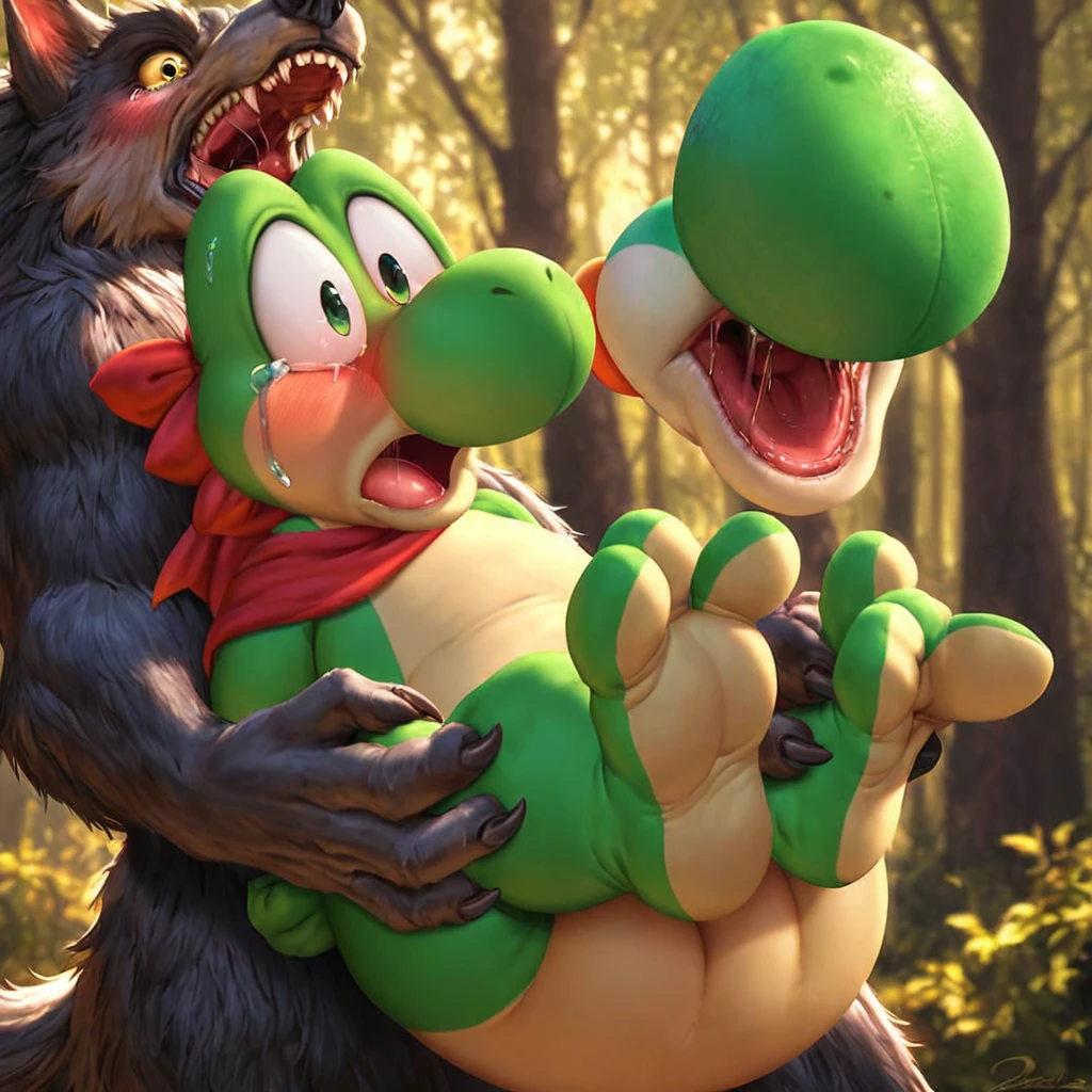 (feral male green Yoshi ), (male werewolf) score_9, score_8_up, dream prompt:score_9, beautiful, detailed cute face, blushing, shocked expression, reverse suspended congress, looking surprised, crying, forest, feet in view, foot shot, crying, green feet, ((3 toes)), ((screaming)), foot focus, huge feet, vaginal, sex, saliva, hyper feet, spreading legs, arms behind back, grabbing butt,