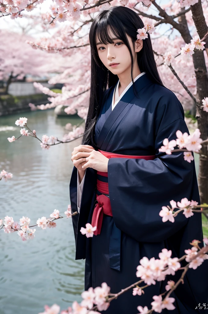 Anime Male Long Black Hair Cherry Blossoms River Kimono Blue