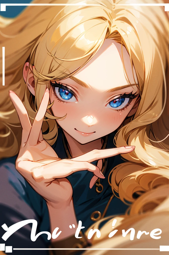 make a curly blonde woman. She must be smiling and with her fingers making the V sign, like the sign of peace, with your fingers close to your face. the photo must not contain background or text