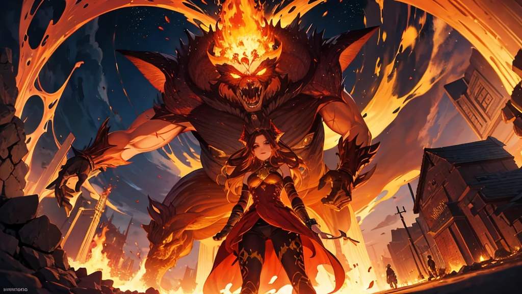 Ifrit, In hell of fire,Giant monster, Girl looking up