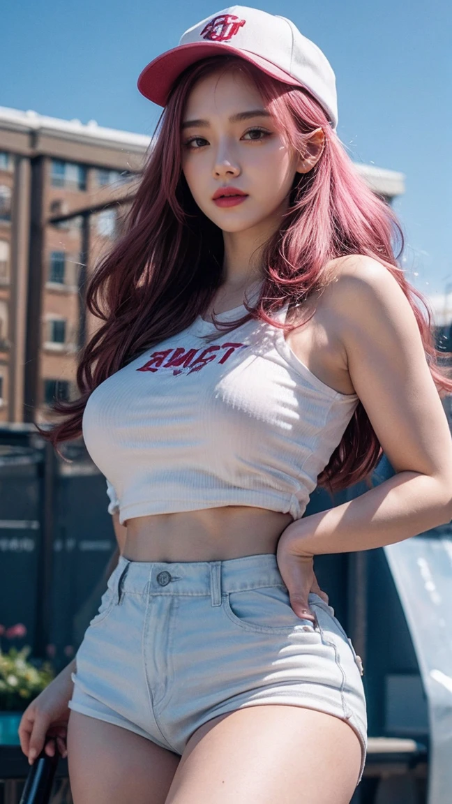 21yo girl,pink hair,long hair, wearing oversize white t-shirt, hot pants, wearing a baseball cap, holding a baseball bat behind her with two hands, natural big breast, show big thigh, plump body. single sidelock hairpin blush modern cinematic lighting,ray tracing,drop shadow wide shot UHD,textured skin,high details,best quality 4K, (from below:1.2), (realistic:1.1), (surreal:1.2), (very detailed:1.1)