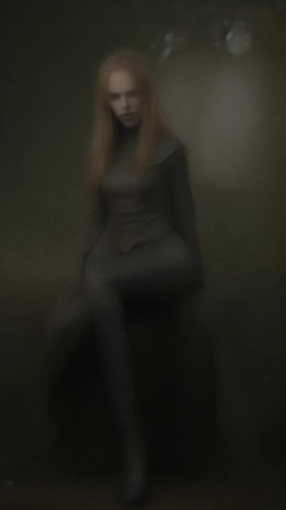 ((Best quality)), ((masterpiece)), (detailed), perfect face, Character for the game, slender elf girl, Golden hair, green eyes, Perfect hands, dark leather top, dark leather pants, gray cloak, leather boots on feet, sitting on a tree branch growing from a tree, short dagger in hand, On the background of a dense forest, night time, full moon