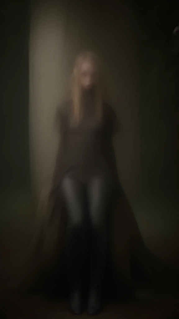 ((Best quality)), ((masterpiece)), (detailed), perfect face, Character for the game, slender elf girl, Golden hair, green eyes, Perfect hands, dark leather top, dark leather pants, gray cloak, leather boots on feet, sitting on a tree branch growing from a tree, short dagger in hand, On the background of a dense forest, night time, full moon
