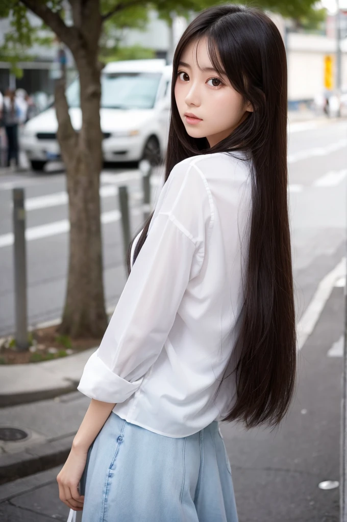 drooping eyes long hair japanesdd young women white shirt look back constriction