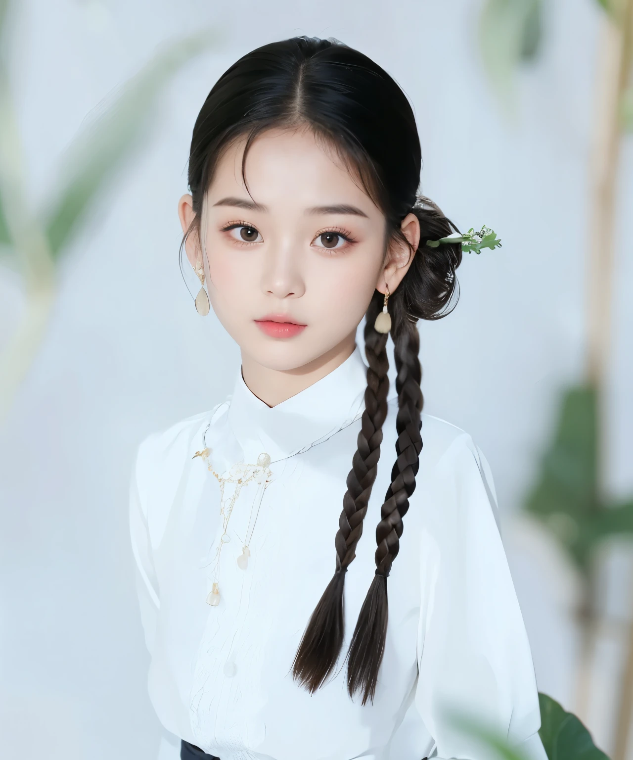 masterpiece, Best quality,Black hair girl,Facing the camera,Two braided pigtails,10 years old,Chinese Girl,Sweet girl,a girl,Exquisite facial features,