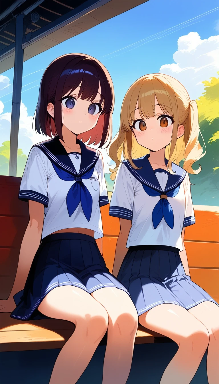((Highest quality)), ((masterpiece)), (detailed), Two schoolgirls、Sitting on a bench at an unmanned station waiting for the train、chat、fun、Sailor suit、summer、morning、refreshing、morning焼け、
