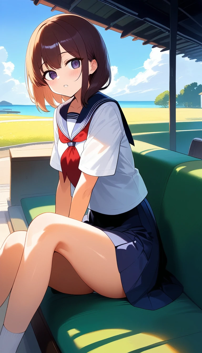 ((Highest quality)), ((masterpiece)), (detailed), Two schoolgirls、Sitting on a bench at an unmanned station waiting for the train、chat、fun、Sailor suit、summer、morning、refreshing、morning焼け、