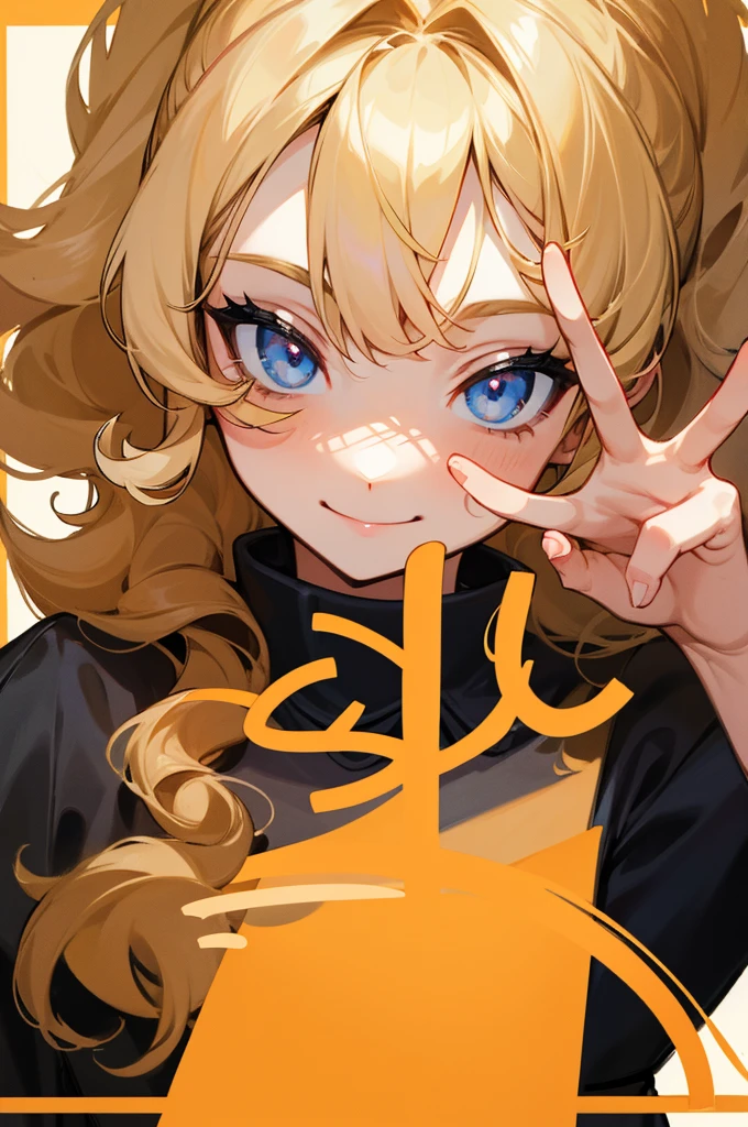 make a curly blonde woman. She must be smiling and with her fingers making the V sign, like the sign of peace, with your fingers close to your face. the photo must not contain background or text