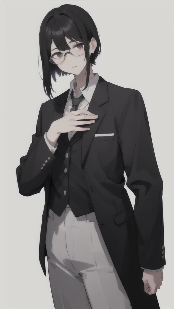 Tall、Black Hair、trimmed hair。He wears glasses.、Always has a calm expression。Wearing a blazer uniform、woman、(White background.Full Color.The eyes are clear、Are standing。18 years old、