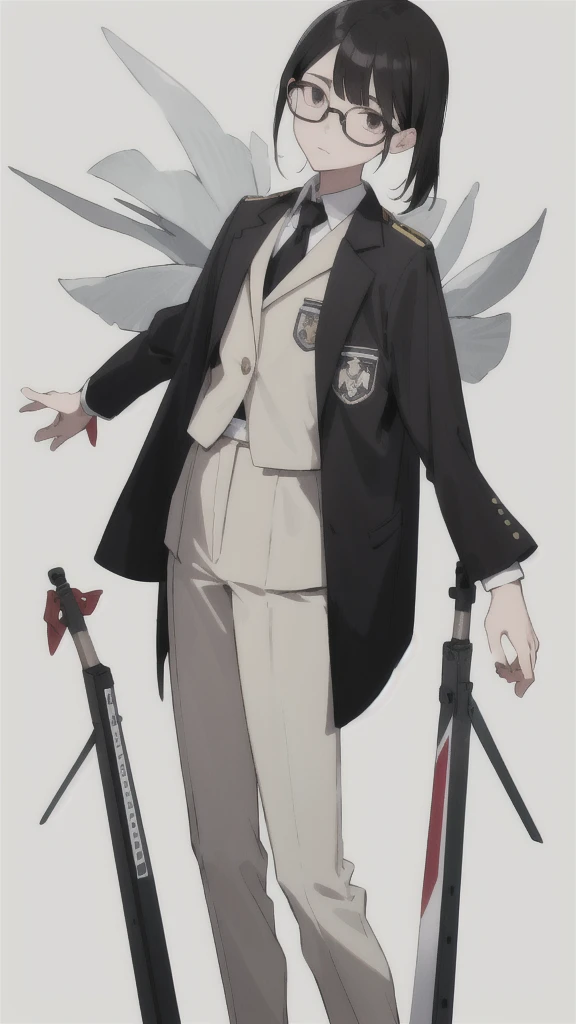 Tall、Black Hair、trimmed hair。He wears glasses.、Always has a calm expression。Wearing a blazer uniform、woman、(White background.Full Color.The eyes are clear、Are standing。18 years old、