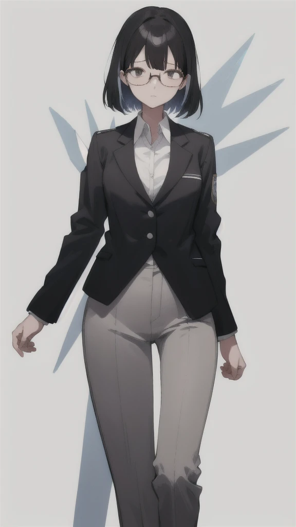 Tall、Black Hair、trimmed hair。He wears glasses.、Always has a calm expression。Wearing a blazer uniform、woman、(White background.Full Color.The eyes are clear、Are standing。18 years old、