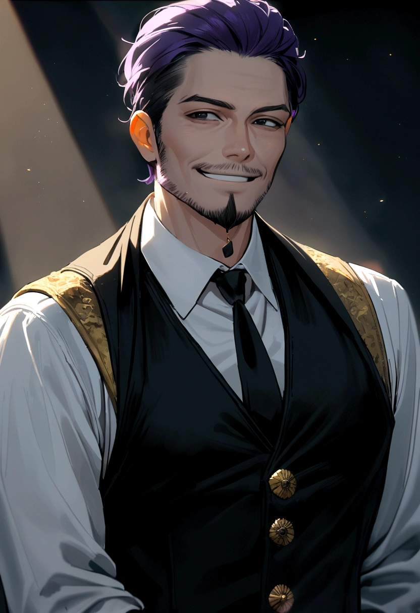 40 years old man, short purple hair parted in two, black eyes, sly eyes, smiling mouth, black goatee and beard, wearing black long-sleeved vest, white shirt, black tie, gold buttons.