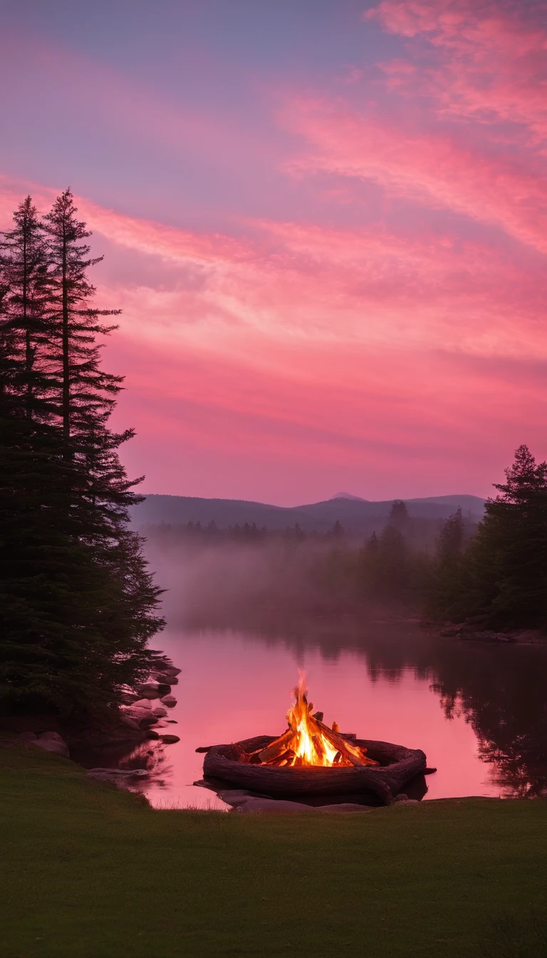 A large campfire burning under a baby pink dawn sky. The flames are bright and intense, casting a warm glow around. The serene morning scene is bathed in the soft pink hues of the sunrise, a baby pink clouds