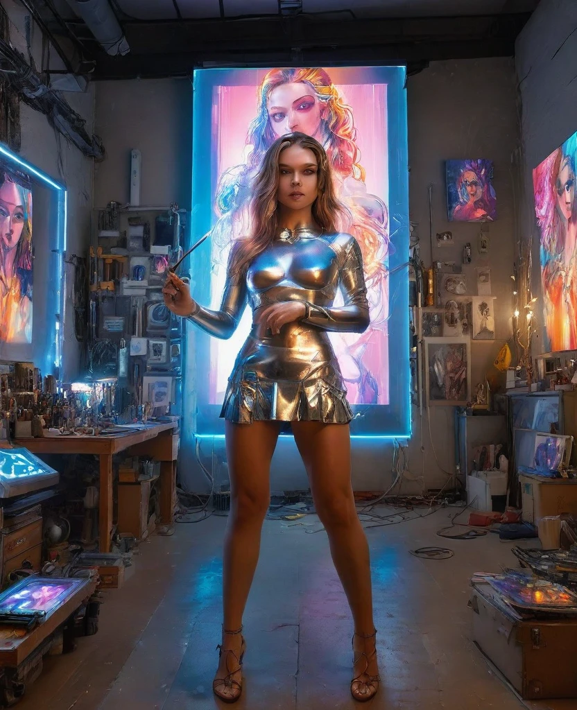 a cyborg girl standing in a large bright studio, engaged in creating a self-portrait on canvas, depicted in majestic beauty and elegance, her metallic skin reflecting light creating a play of hues like an expensive jewelry, long metal hair framing her face, bright eyes shimmering with light, staring ahead with confidence and creative inspiration, graceful pose showing off her grace, strength and fine mechanical limbs, hands holding brushes immersed in the creative process, the outline of the self-portrait with oil paints coming to life under her dexterous fingers, gaining depth and volume with bright hues and rich colors, a gorgeous and amazing scenario combining the beauty of art, power and technological advancement, beautiful shiny smooth, high quality, best quality, absurdres, masterpiece, beautiful, intricate details, 1/2 body crop, slim body, beautiful figure, magnificent anatomy, intricate details:1.12, HDR, intricate details, hyper-detailing:1.15, natural skin textures, hyper realistic, soft light, sharp:1.2