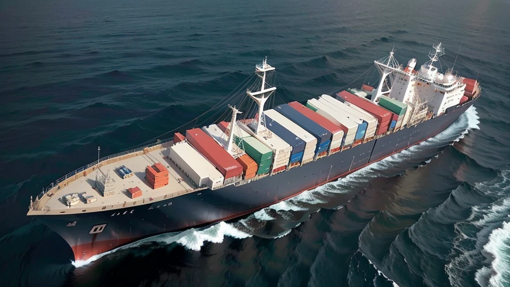 Create an illustration of a cargo ship at sea. The background should show the cargo ship sailing with other ships also in navigation. In the sky above, include satellites to demonstrate how GNSS technology helps optimize navigation, promote efficient resource use, and monitor operator behavior, thereby reducing accidents and ensuring the health of ships and equipment. The photo angle should be from the left or right side, not the front, showcasing technology, innovation, and safety. No text shou