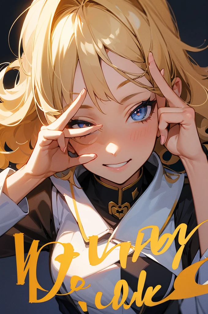 make a curly blonde woman. She must be smiling and with her fingers making the V sign, like the sign of peace, with your fingers close to your face. the photo must not contain background or text