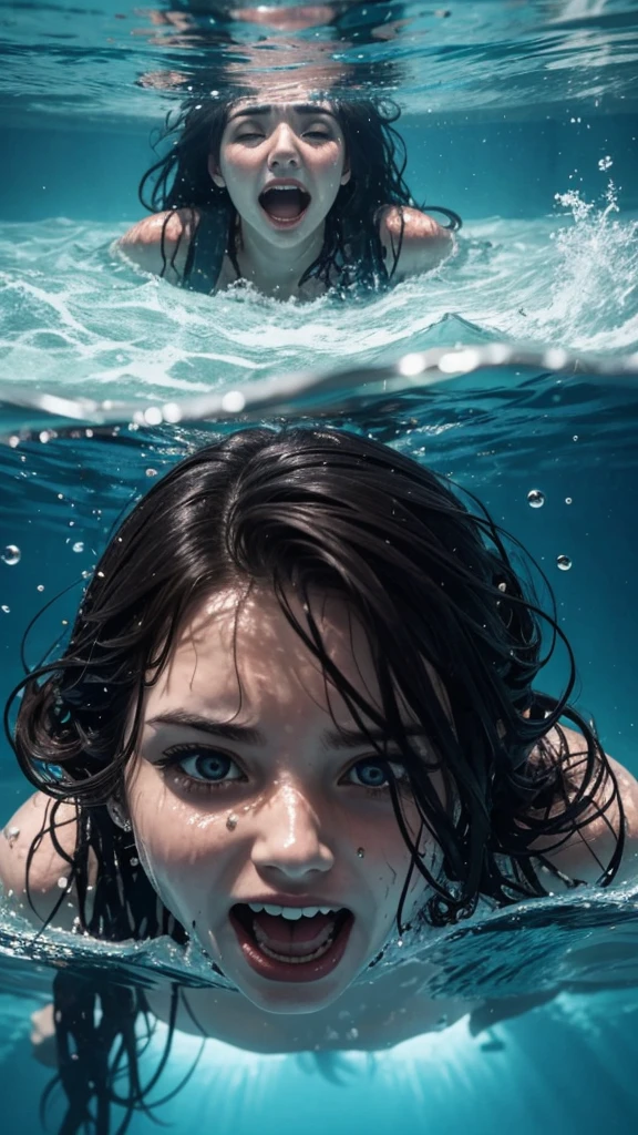 the woman is drowning under the water and screaming. The camera shows the woman`s face under the water