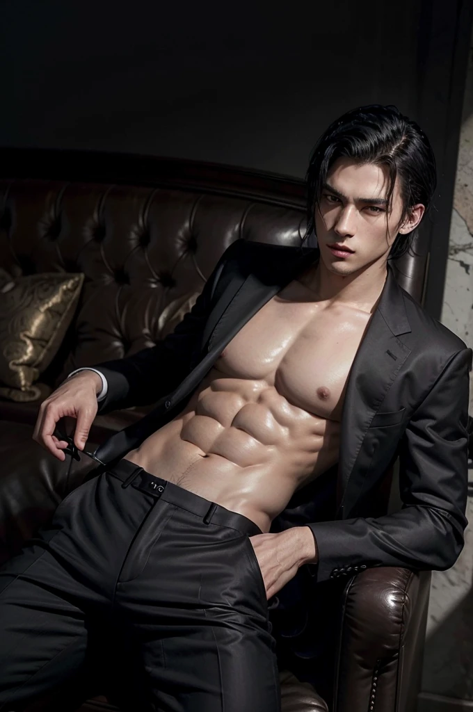 man, tall and fit, as mafia boss, in completely black suit, , with short black hair, while  modeling, in different positions.