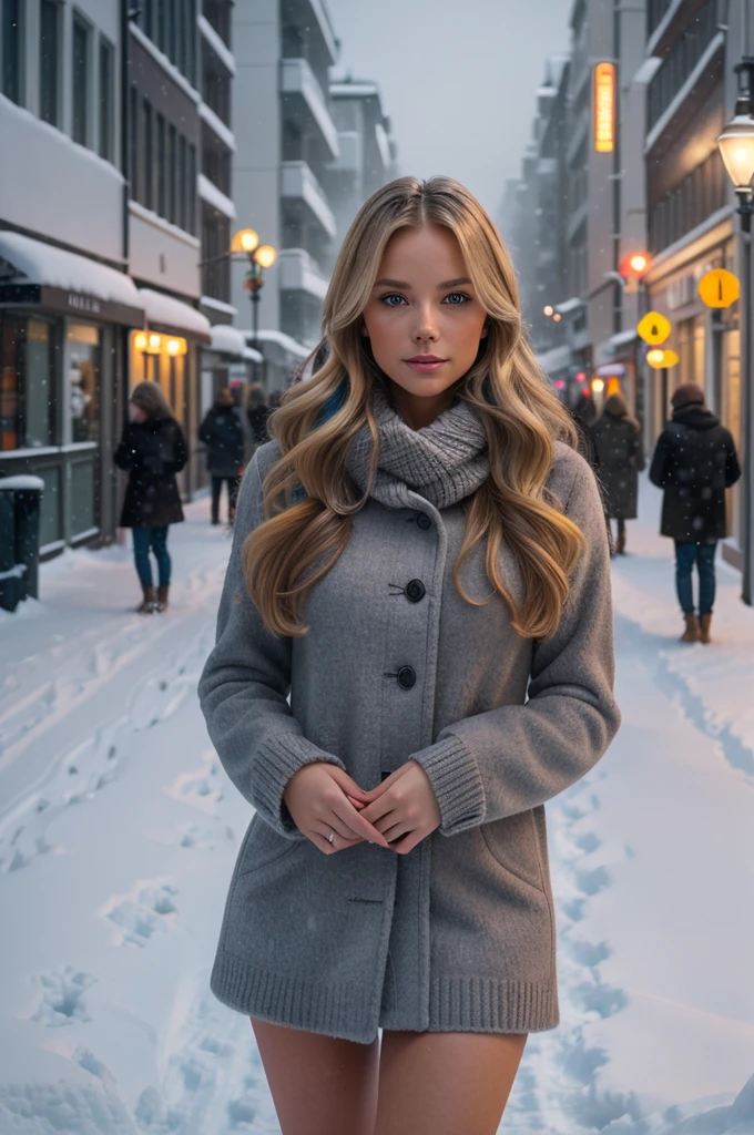 professional portrait photograph of a gorgeous Norwegian girl in winter clothing with long wavy blonde hair, sultry flirty look, gorgeous symmetrical face, cute natural makeup, wearing elegant warm winter fashion clothing, ((standing outside in snowy city street)), stunning modern urban environment, ultra realistic, concept art, elegant, highly detailed, intricate, sharp focus, depth of field, f/1. 8, 85mm, medium shot, mid shot, (((professionally color graded))), bright soft diffused light, (volumetric fog), trending on instagram, hdr 4k, 8k