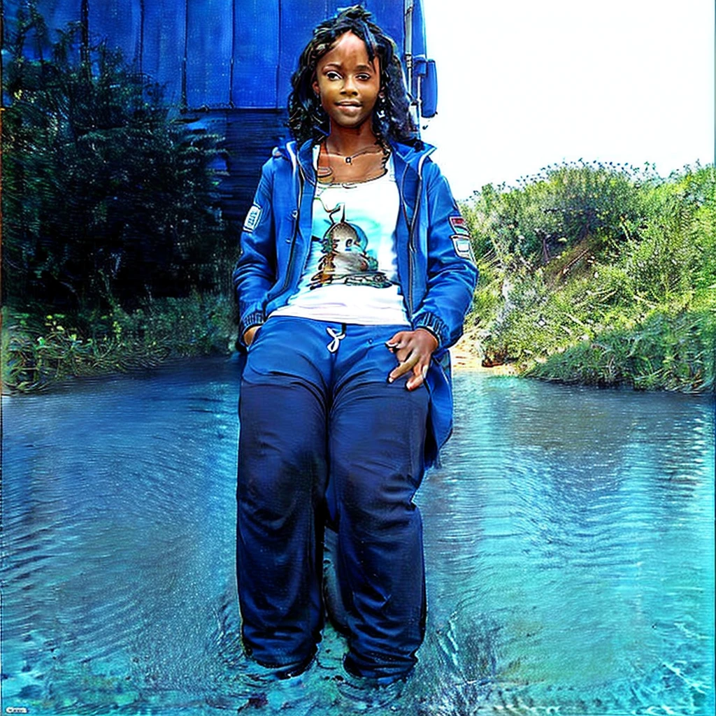 Générer une affiche publicitaire sur le secteur du transport maritime, les couleurs d'affiche publicitaire son vert, in the foreground a afro américan woman on a beach dressed in a jacket and feet and pants representing a logistics company, une image réaliste un porte-conteneurs naviguant en mer, sky with dark blue tone
