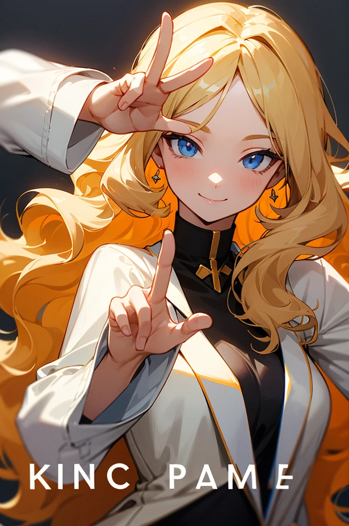 make a curly blonde woman. She must be smiling and with her fingers making the V sign, like the sign of peace, with your fingers close to your face. the photo must not contain background or text
